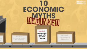 Cartoon cardboard box on conveyer belt with the myth spelled out on its label.